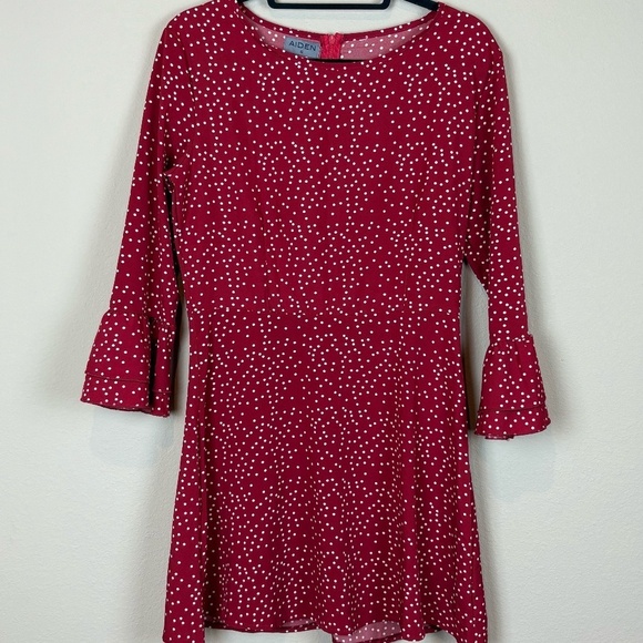 Aidan Red/Cream Polka Dotted Midi Dress with 3/4 Bell Sleeves; Size S - Picture 1 of 7